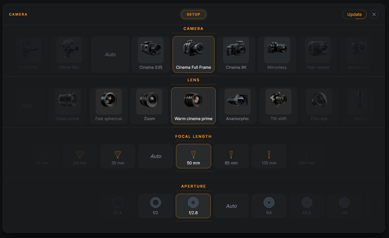 Camera Setup in Papayita: camera, lens, focal length and aperture