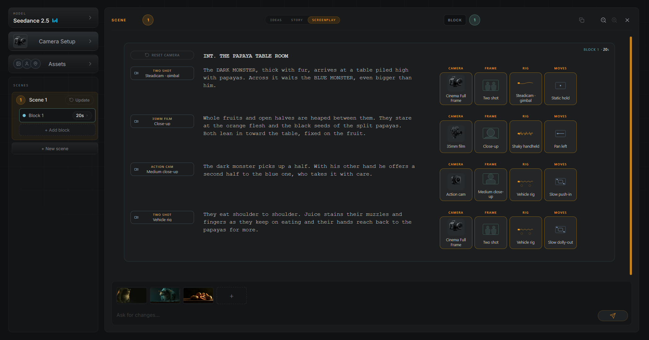 The Papayita workspace: the screenplay with camera, frame, rig and moves beside each shot