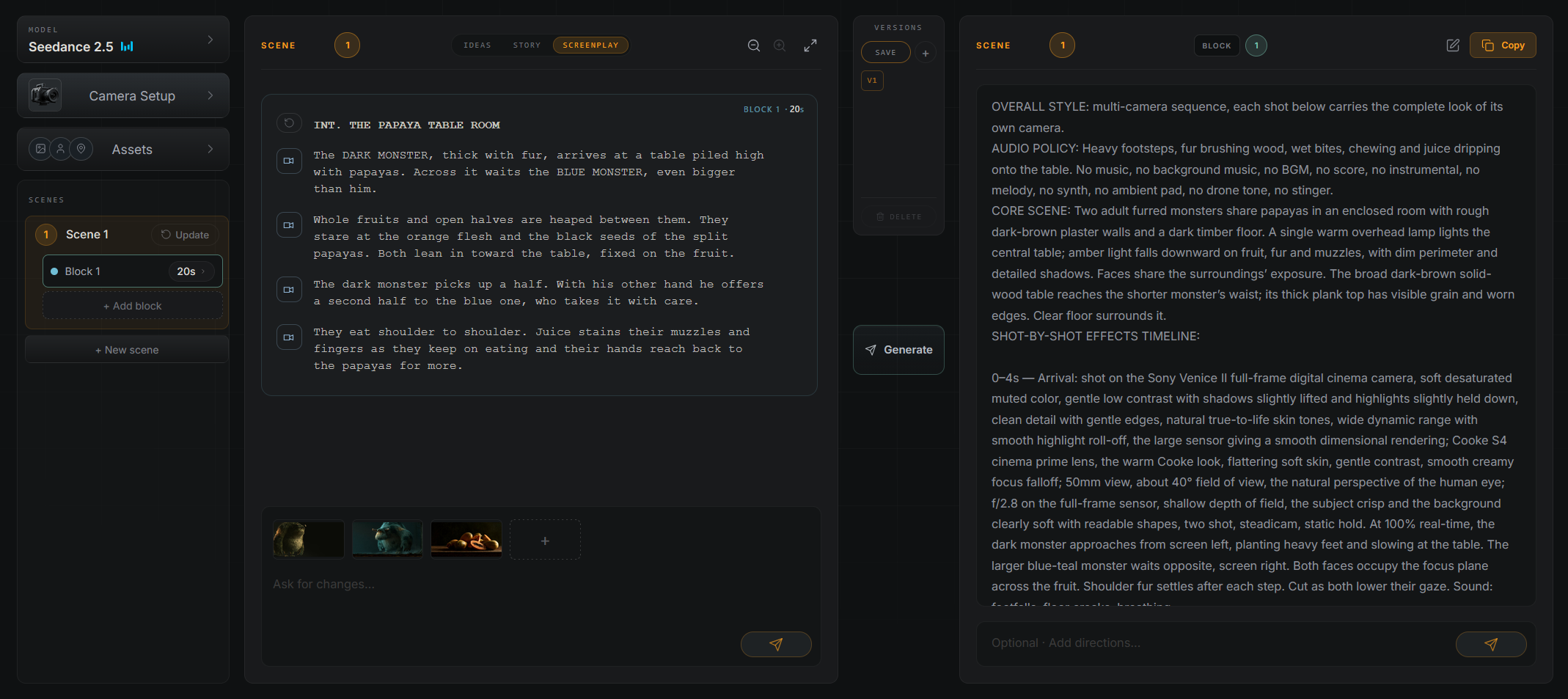 Papayita after Generate: the screenplay on the left and the finished prompt on the right